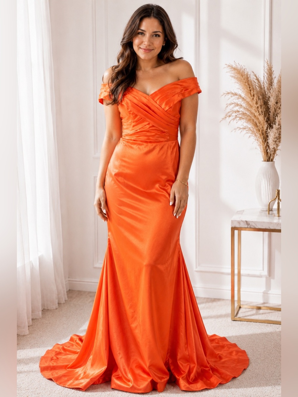 Woman’s Evening Off-Shoulder Orange Ball Gown Cocktail Mermaid Dress,US 6-8